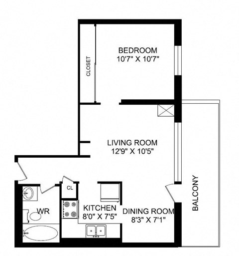 Floor plan for 1 bed, 1 bath, 518 sqft