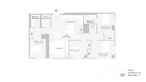 Floor plan for 4 beds, 3 baths, 337 sqft