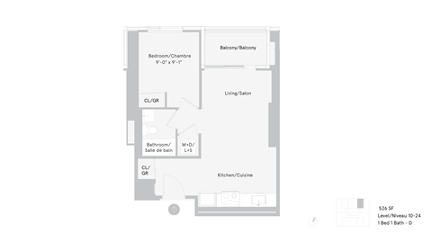 Floor plan for 1 bed, 1 bath, 526 sqft