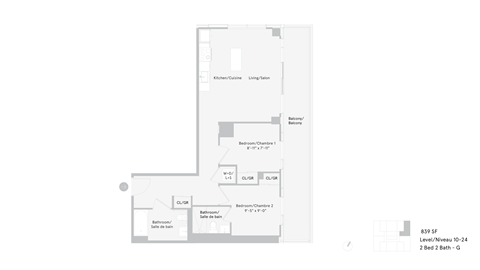 Floor plan for 2 beds, 2 baths, 839 sqft