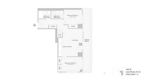 Floor plan for 2 beds, 2 baths, 842 sqft