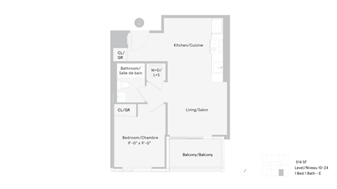 Floor plan for 1 bed, 1 bath, 514 sqft