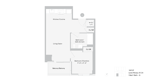 Floor plan for 1 bed, 1 bath, 549 sqft