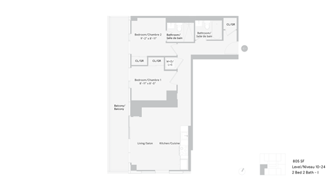 Floor plan for 2 beds, 2 baths, 805 sqft