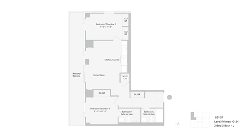 Floor plan for 2 beds, 2 baths, 831 sqft