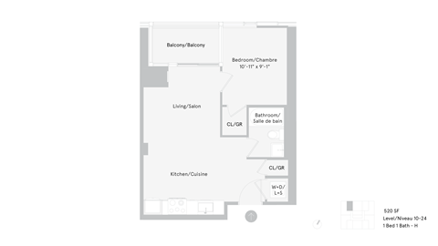 Floor plan for 1 bed, 1 bath, 520 sqft