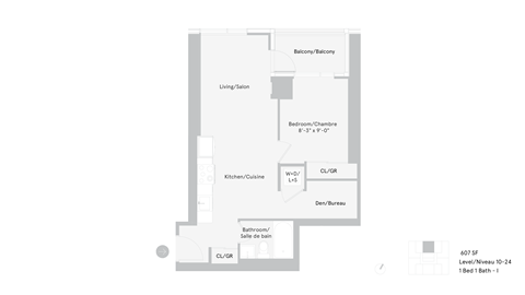 Floor plan for 1 bed, 1 bath, 607 sqft