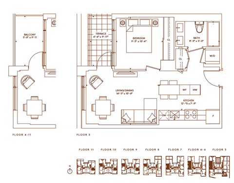 Floor plan for 1 bed, 1 bath, 561 sqft