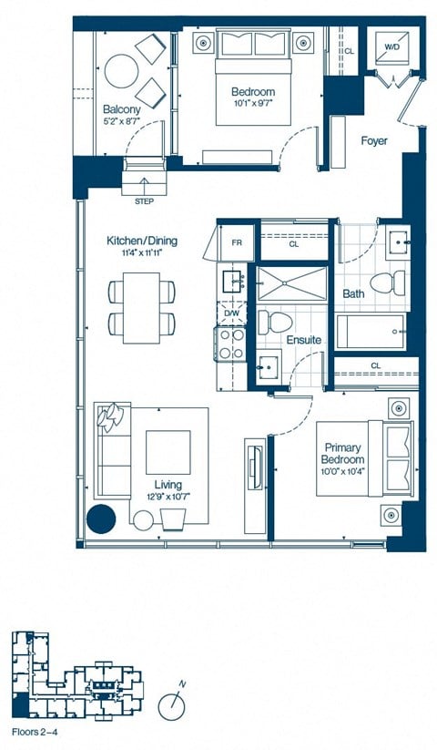 Floor plan for 2 beds, 2 baths, 827 sqft