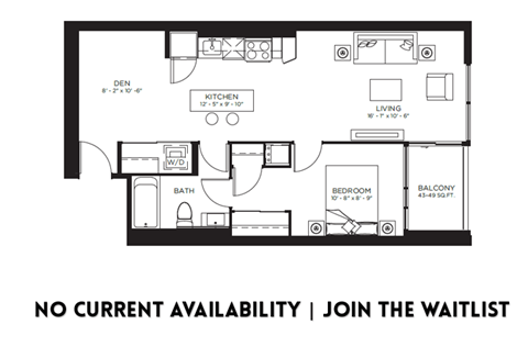 Floor plan for 1 bed, 1 bath, 689 sqft