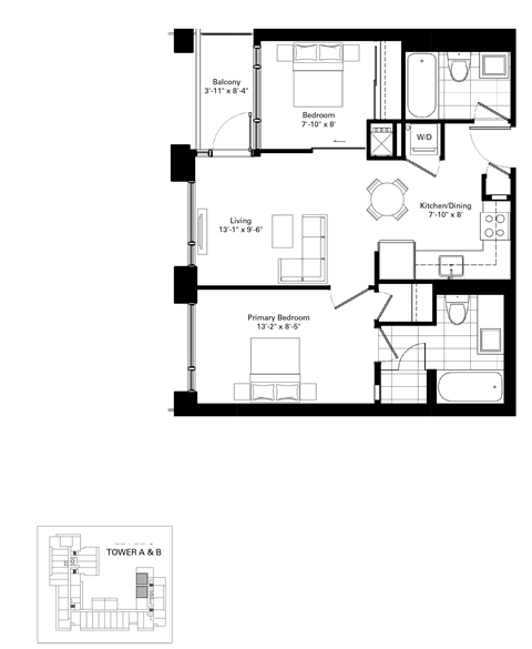 Floor plan for 2 beds, 2 baths, 625 sqft