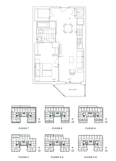 Floor plan for 1 bed, 1 bath, 612 sqft