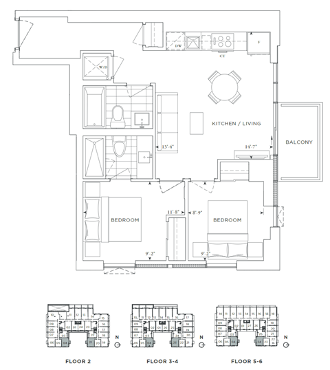 Floor plan for 2 beds, 2 baths, 710 sqft