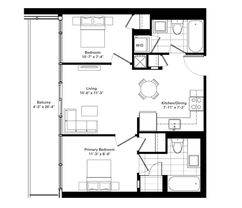 Floor plan for 2 beds, 2 baths, 610 sqft