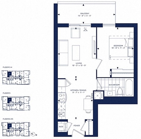 Floor plan for 1 bed, 1 bath, 571 sqft