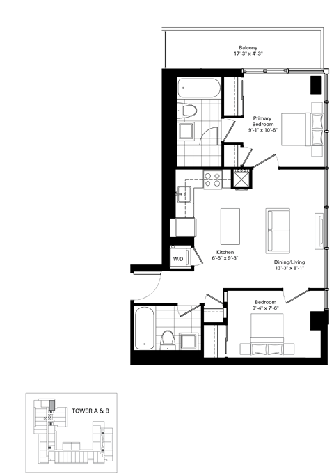 Floor plan for 2 beds, 2 baths, 640 sqft