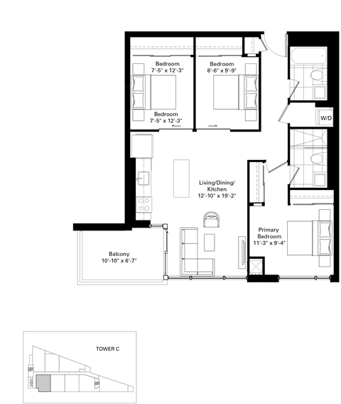 Floor plan for 3 beds, 2 baths, 890 sqft