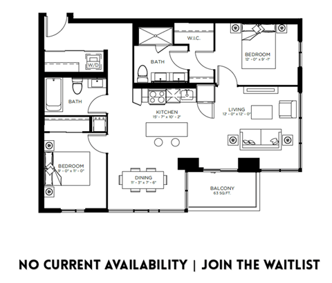 Floor plan for 2 beds, 2 baths, 963 sqft