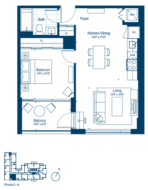 Floor plan for 1 bed, 1 bath, 651 sqft