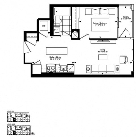Floor plan for 1 bed, 1 bath, 542 sqft