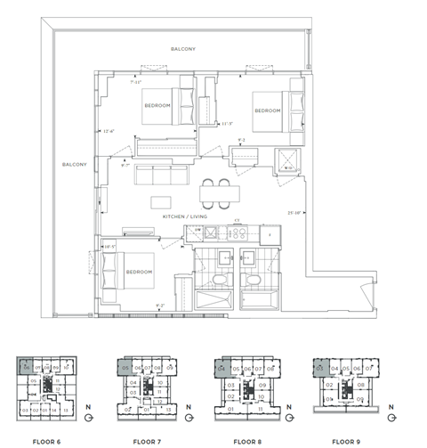 Floor plan for 3 beds, 2 baths, 899 sqft