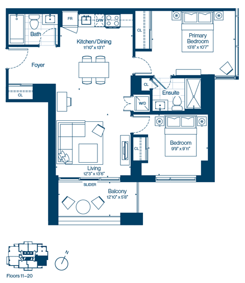 Floor plan for 2 beds, 2 baths, 909 sqft