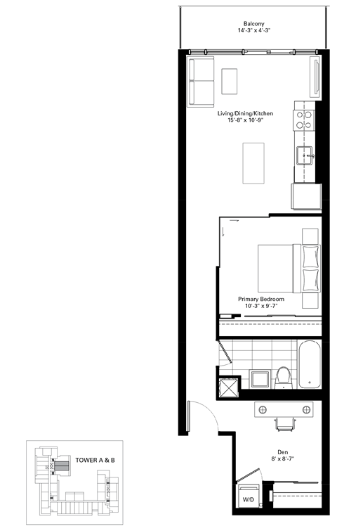 Floor plan for 1 bed, 1 bath, 640 sqft
