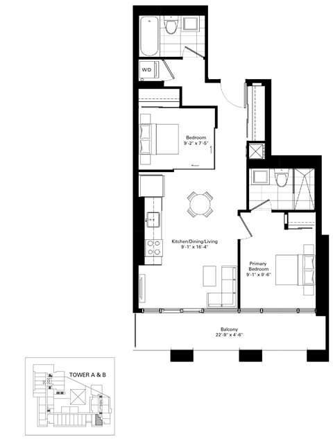 Floor plan for 2 beds, 2 baths, 645 sqft