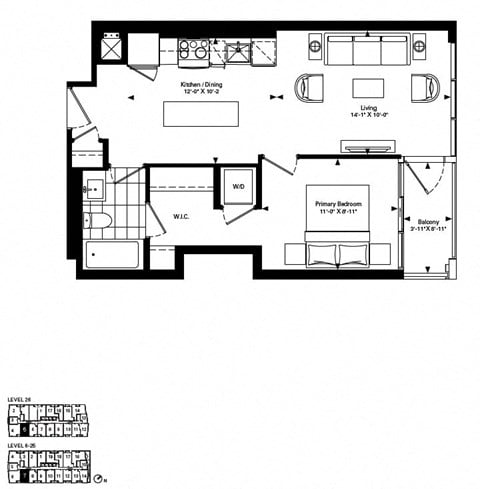 Floor plan for 1 bed, 1 bath, 567 sqft