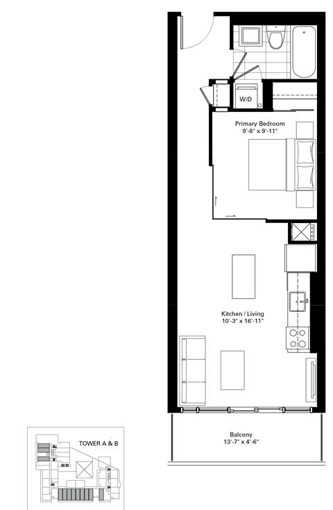 Floor plan for 1 bed, 1 bath, 530 sqft