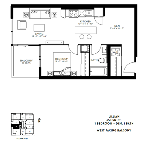 Floor plan for 1 bed, 1 bath, 653 sqft