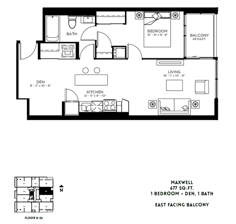 Floor plan for 1 bed, 1 bath, 689 sqft