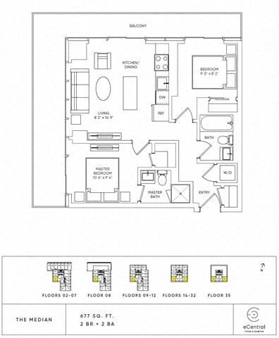 Floor plan for 2 beds, 2 baths, 677 sqft