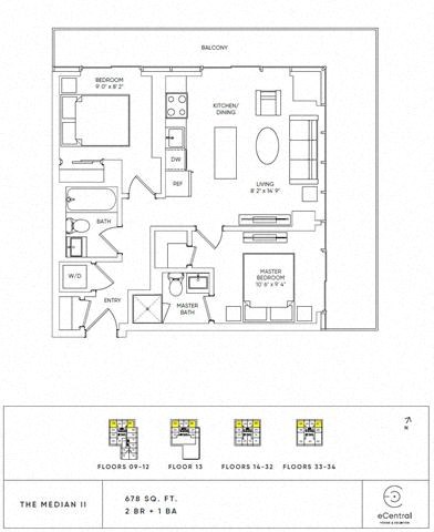 Floor plan for 2 beds, 2 baths, 678 sqft