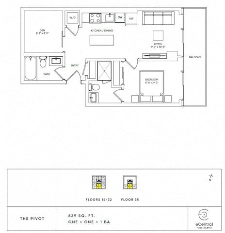 Floor plan for 1 bed, 1.5 baths, 629 sqft