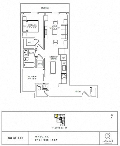 Floor plan for 1 bed, 1.5 baths, 767 sqft