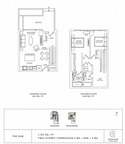Floor plan for 2 beds, 2 baths, 1132 sqft