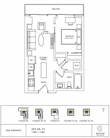 Floor plan for 1 bed, 1 bath, 500 sqft