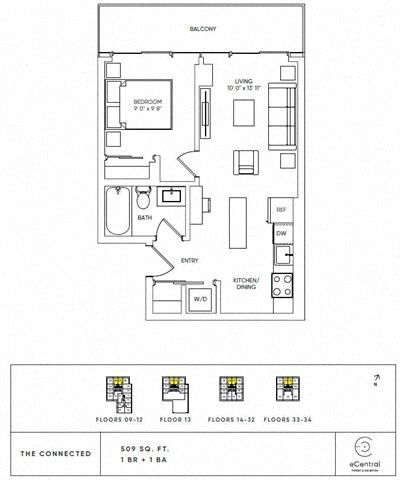 Floor plan for 1 bed, 1 bath, 509 sqft