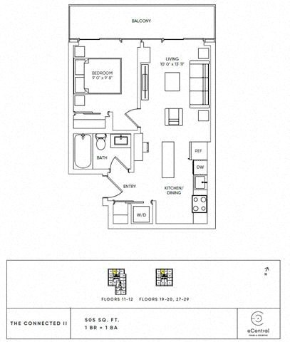Floor plan for 1 bed, 1 bath, 505 sqft
