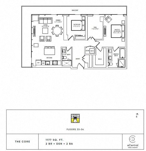 Floor plan for 2 beds, 2 baths, 1177 sqft