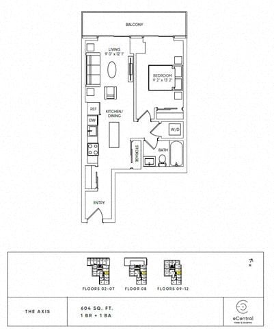 Floor plan for 1 bed, 1 bath, 604 sqft