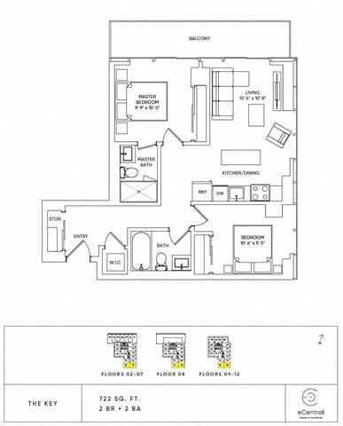 Floor plan for 2 beds, 2 baths, 722 sqft