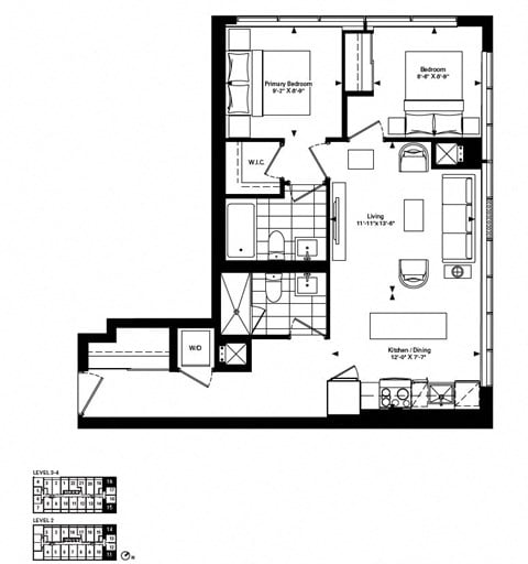 Floor plan for 2 beds, 2 baths, 780 sqft