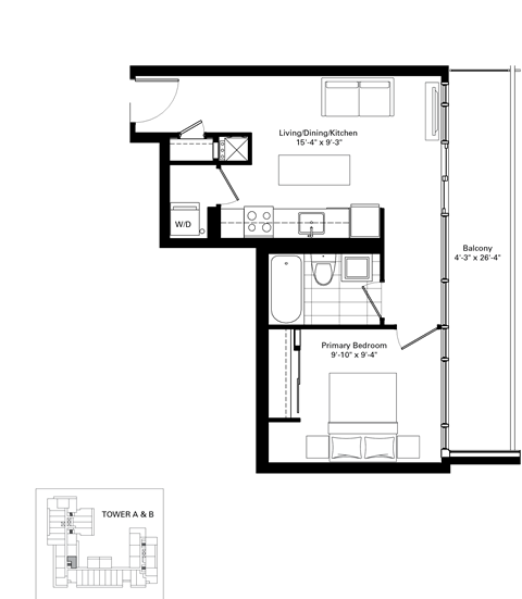 Floor plan for 1 bed, 1 bath, 470 sqft
