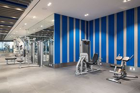 Toronto apartment for rent - a gym with exercise equipment and blue striped walls