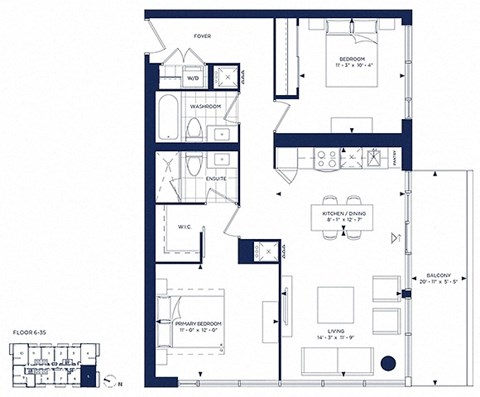 Floor plan for 2 beds, 2 baths, 933 sqft