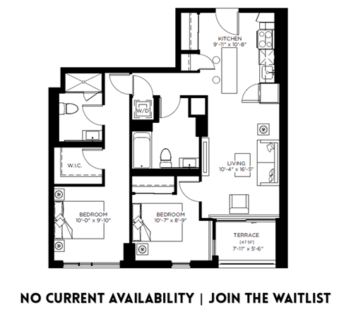 Floor plan for 2 beds, 2 baths, 845 sqft