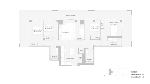 Floor plan for 4 beds, 3 baths, 396 sqft