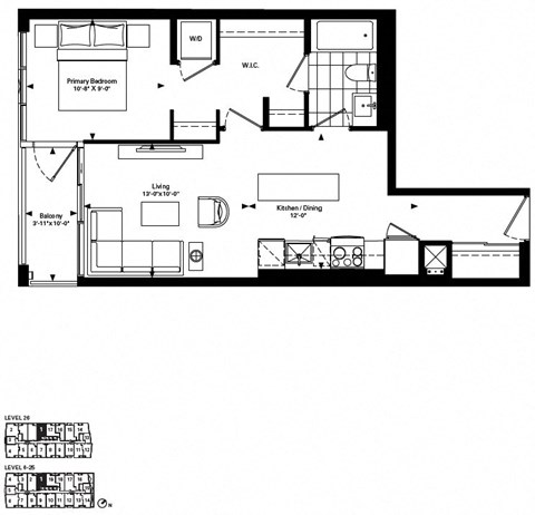 Floor plan for 1 bed, 1 bath, 596 sqft